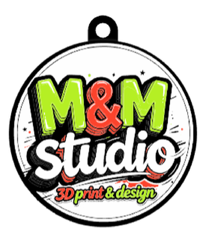 A round white keychain disc printed with a full-colour studio logo.