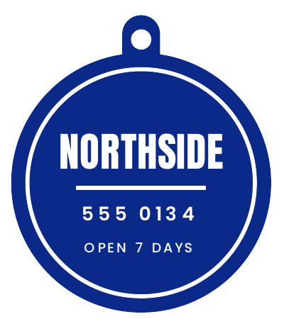 A blue keychain disc printed with the words Northside Coffee Co., a phone number and opening hours.