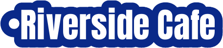 A keychain reading Riverside Cafe in white lettering on a blue plate.