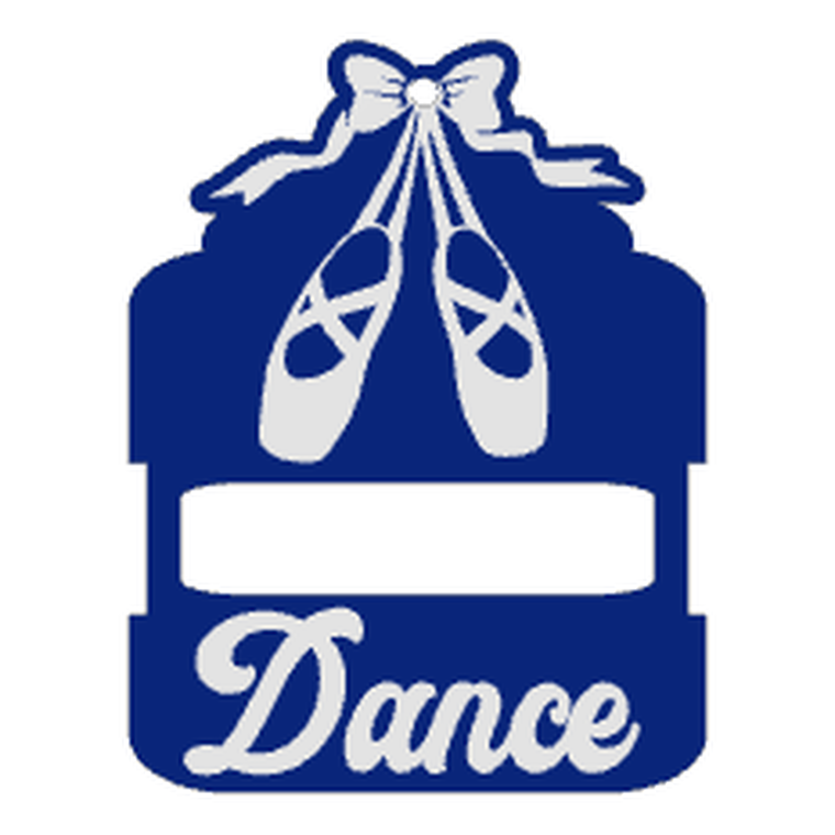 A blue bag tag shaped around a pair of ballet shoes with the word Dance.
