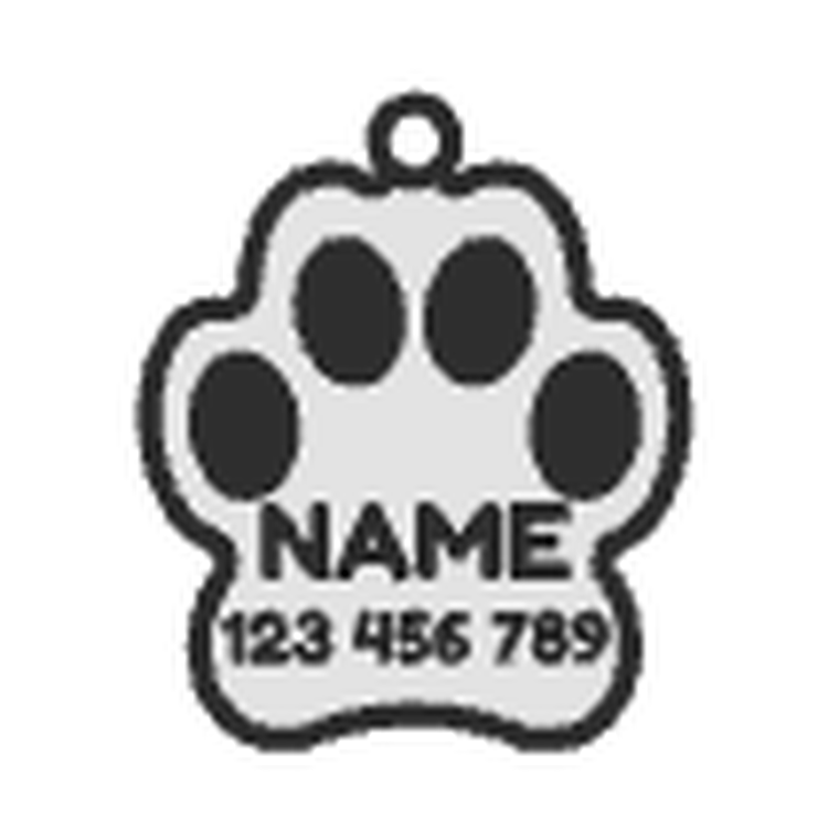 A keychain shaped like a paw print with a pet name and phone number.